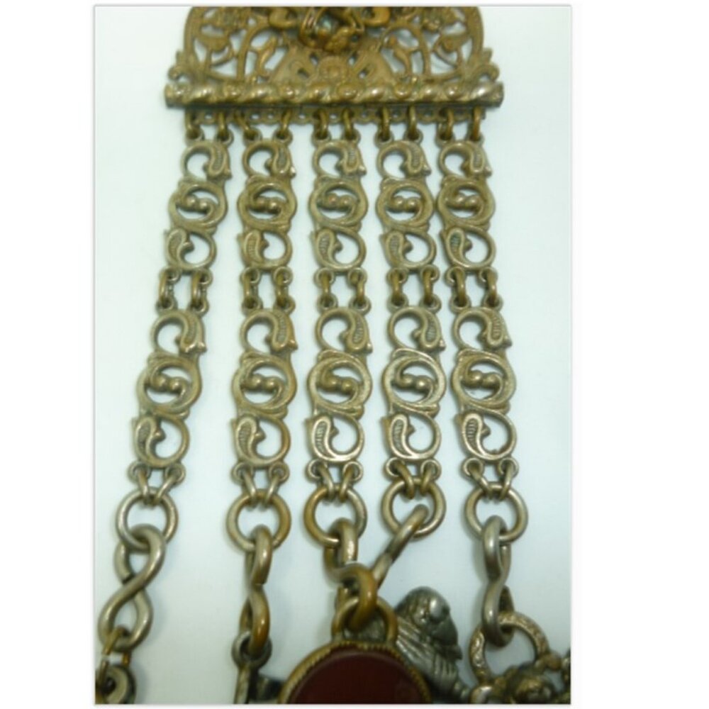 UNIQUE VINTAGE ANTIQUE LEO GLASS CREST CHATELAINE BRONZE PIN BROOCH CHARMS - Picture 7 of 9